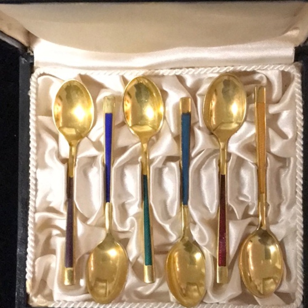 Set of Six Gold Plated and Enamel Spoons